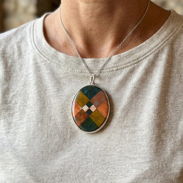 Antique Large Mosaic Scottish Agate Sterling Silver Pendant Necklace