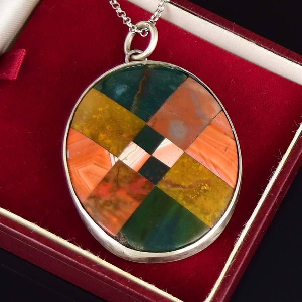Antique Large Mosaic Scottish Agate Sterling Silver Pendant Necklace