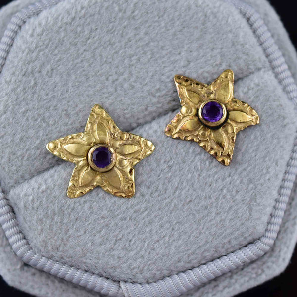 Vintage 14K Gold Star Amethyst Stud Earrings - Boylerpf