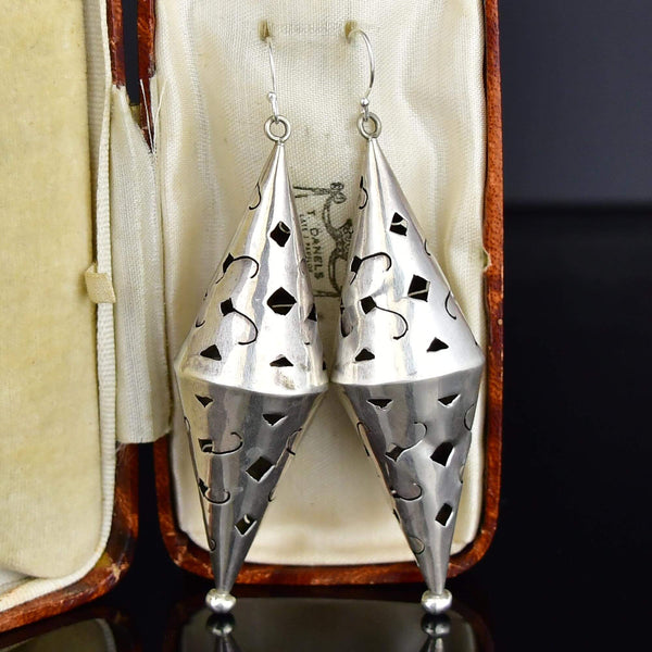 Vintage 3 Inch Sterling Silver Double Cone Cutout Earrings
