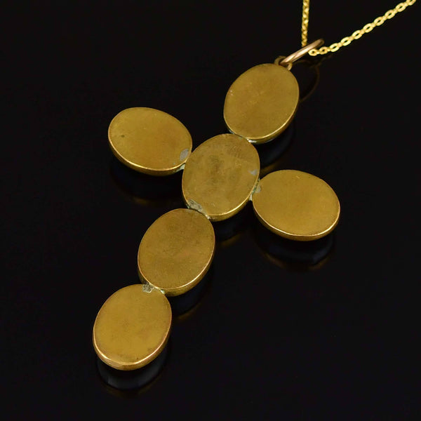 Victorian Bullseye Agate Cross Pendant Pinchbeck Necklace