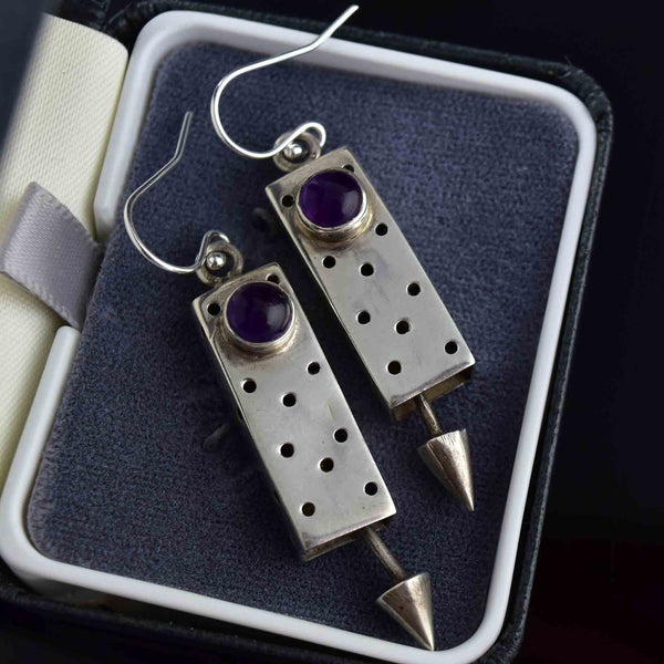 Vintage Geometric Silver Amethyst Cabochon Drop Earrings - Boylerpf