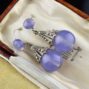 Art Deco Silver Blue Chalcedony Drop Earrings - Boylerpf