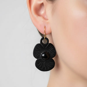 Antique Victorian Carved Whitby Jet Pansy Earrings - Boylerpf