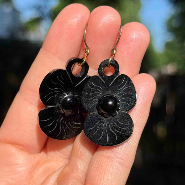 Antique Victorian Carved Whitby Jet Pansy Flower Earrings - Boylerpf