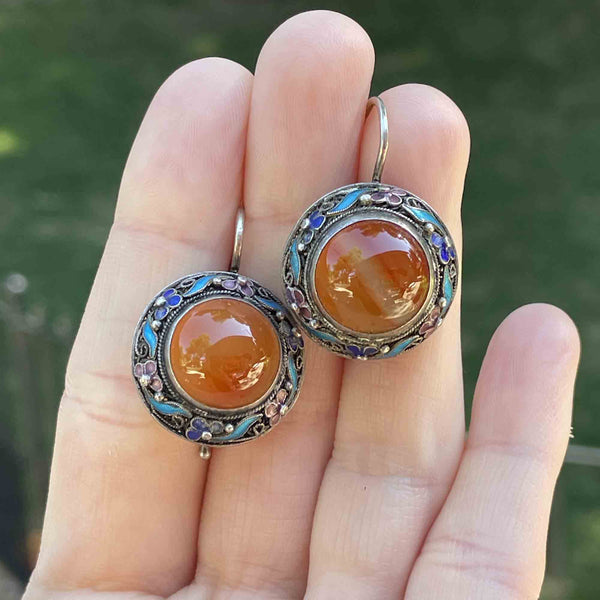 Vintage Carnelian Banded Agate Enamel Earrings - Boylerpf