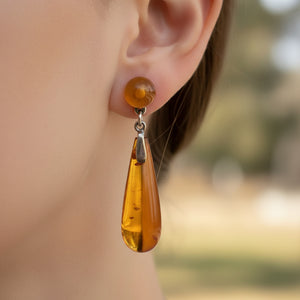 Antique Art Deco 9K Gold Baltic Amber Dangle Earrings - Boylerpf