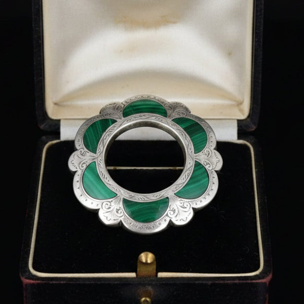 Victorian Scottish Sterling Silver Malachite Brooch