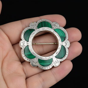 Victorian Scottish Sterling Silver Malachite Brooch - Boylerpf