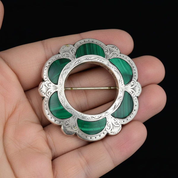 Victorian Scottish Sterling Silver Malachite Brooch