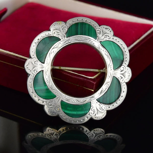 Victorian Scottish Sterling Silver Malachite Brooch
