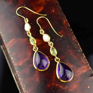 Vintage Gold Peridot Pearl Amethyst Suffragette Earrings - Boylerpf