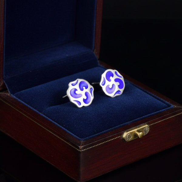 Vintage Sterling Silver Cobalt Blue Enamel Stud Earrings