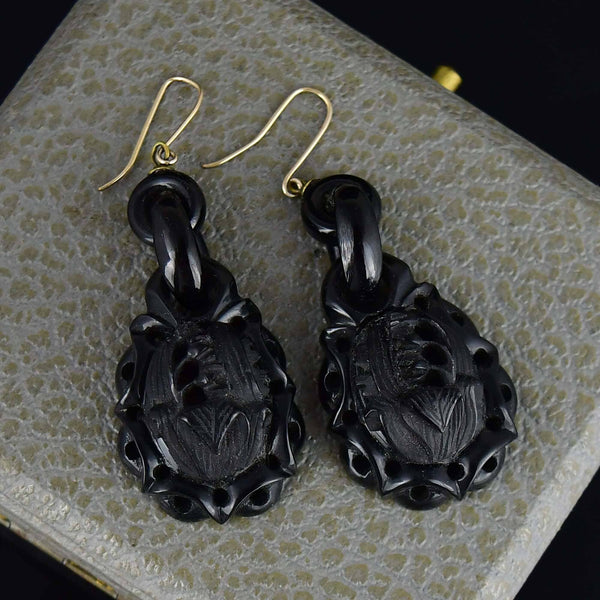 Victorian 9K Gold Carved Whitby Jet Earrings, Lily of the Valley
