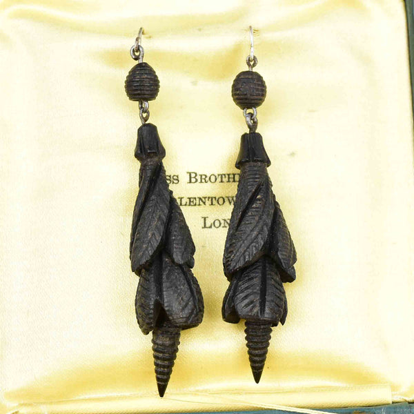 Antique Victorian Irish Bog Oak SnowDrop Flower Mourning Earrings - Boylerpf