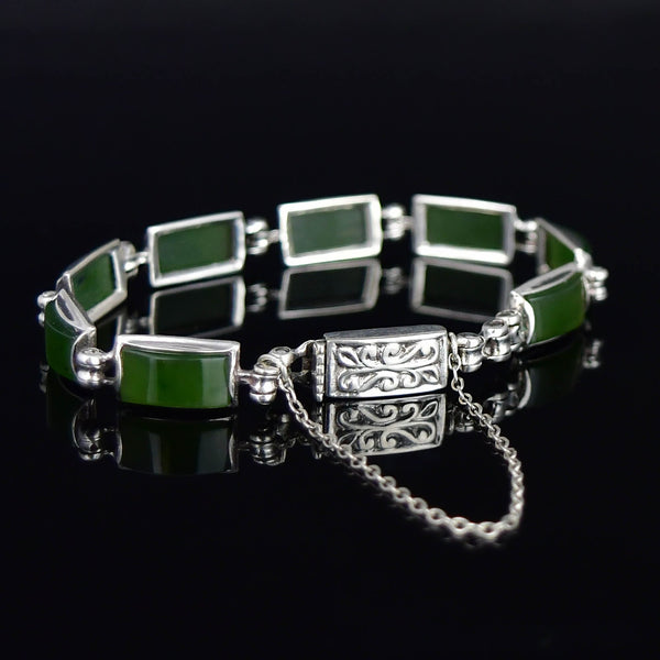 Vintage Sterling Silver Green Agate Hinged Link Bracelet