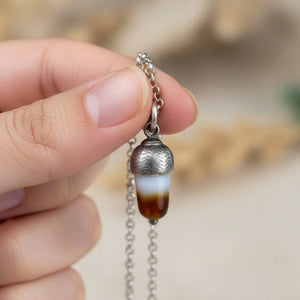 Vintage Sterling Silver Banded Agate Acorn Charm Pendant Necklace - Boylerpf