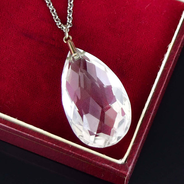 Antique Art Deco Rock Crystal Teardrop Pendant Necklace