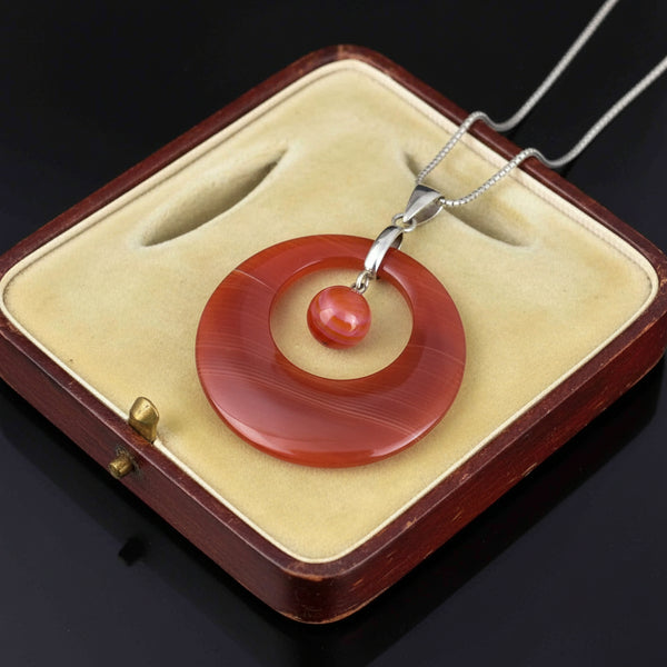 Platinum Carnelian Banded Agate Pendant Necklace