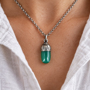 Vintage Sterling Silver Green Chrysoprase Acorn Necklace - Boylerpf