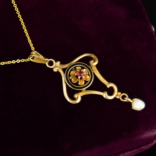 Antique Edwardian Gold Enamel Pearl Ruby Lavalier Pendant - Boylerpf