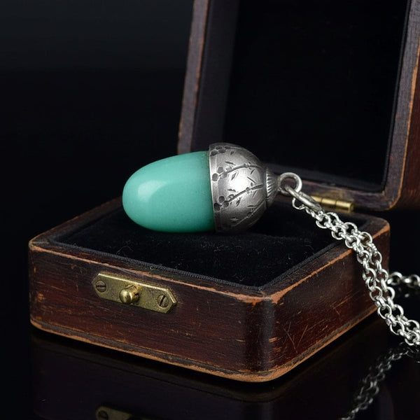 Antique Silver Arts & Crafts Aventurine Acorn Pendant, Lucky Charm