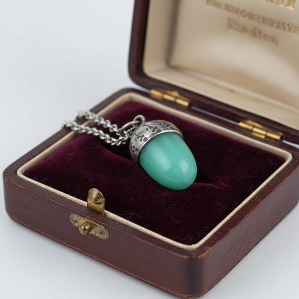 Antique Silver Arts & Crafts Aventurine Acorn Pendant, Lucky Charm