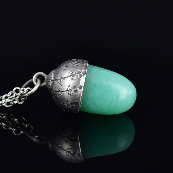 Antique Silver Arts & Crafts Aventurine Acorn Pendant, Lucky Charm