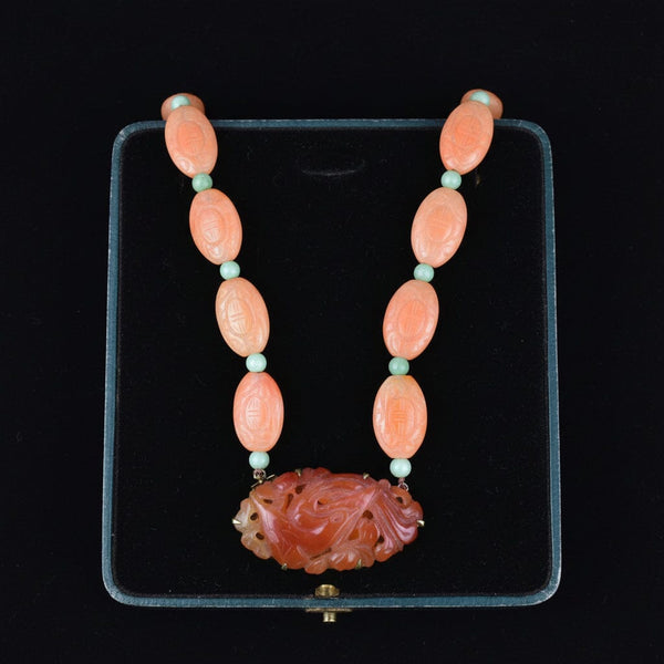 Vintage 14K Gold Jade Carved Phoenix Carnelian Necklace - Boylerpf