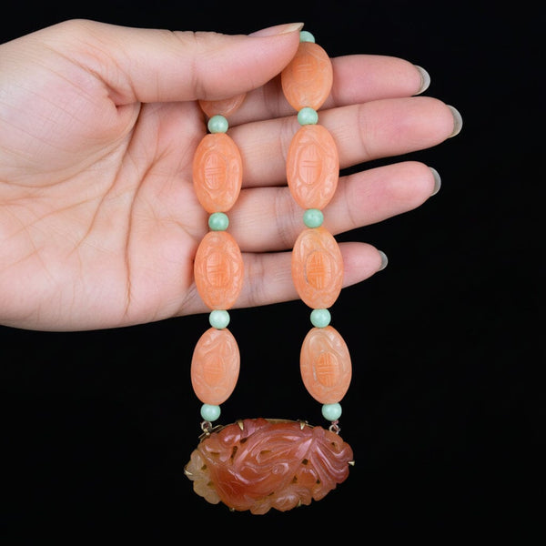 Vintage 14K Gold Jade Carved Phoenix Carnelian Necklace - Boylerpf