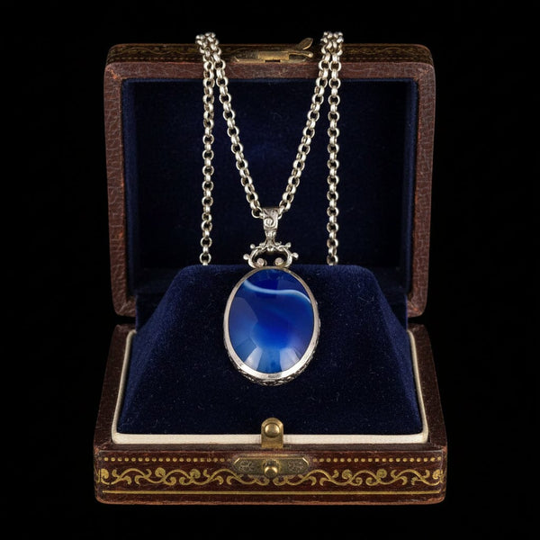 Antique Sterling Silver Blue Banded & Moss Agate Pendant - Boylerpf