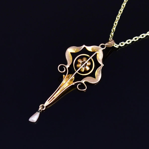 Antique 10K Gold Diamond Seed Pearl Lavalier Necklace
