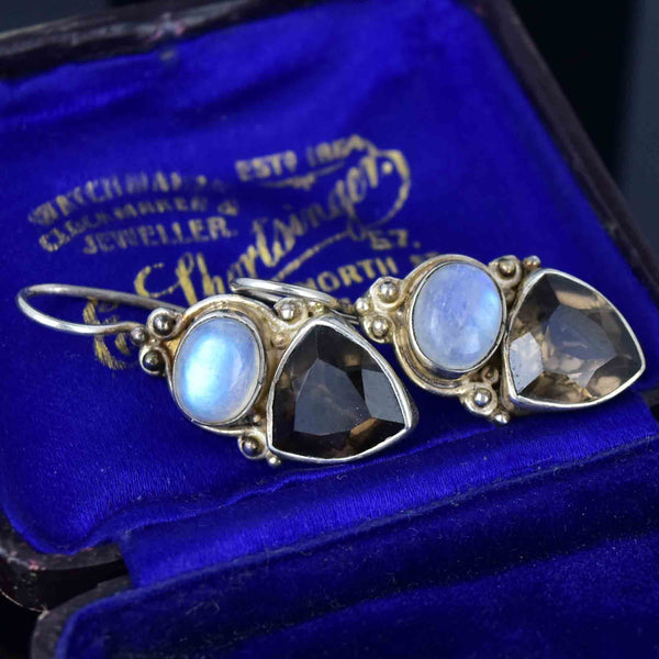 Silver Moonstone Cabochon Smoky Quartz Drop Earrings - Boylerpf
