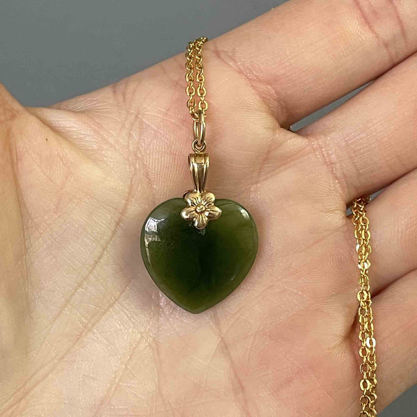 Vintage 14K Gold Floral Jade Heart Pendant Necklace - Boylerpf