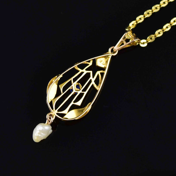 10K Gold Art Nouveau Pearl Sapphire Lavaliere Necklace - Boylerpf