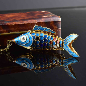Vintage Large Blue Enamel Articulated Fish Pendant Necklace - Boylerpf