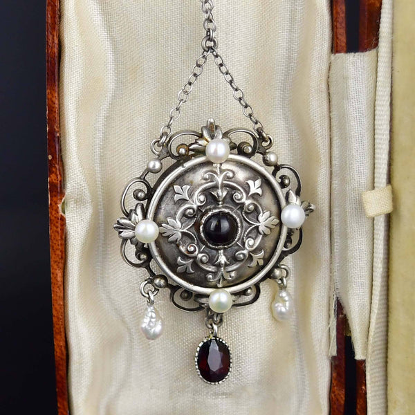 Antique Arts & Crafts Garnet Pearl Sterling Silver Necklace - Boylerpf