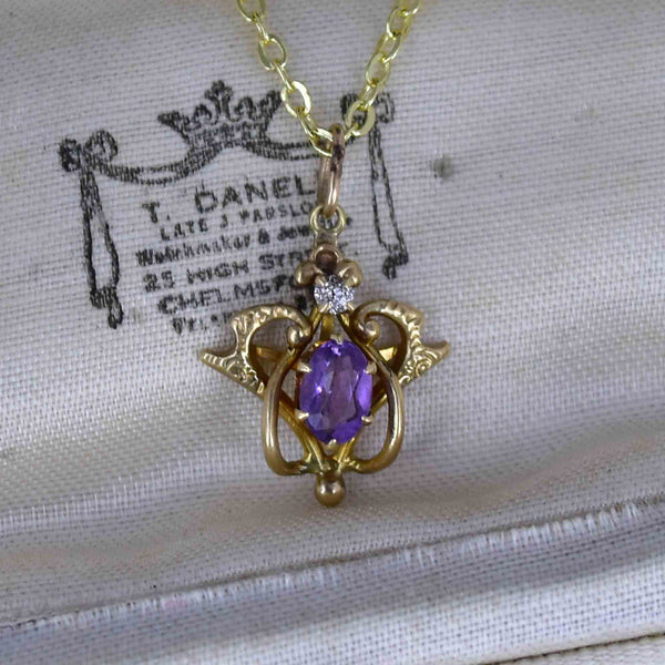 Antique Edwardian 14K Gold Diamond Amethyst Pendant Necklace - Boylerpf