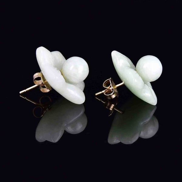 14K Gold Carved Moss in Snow Jade Lotus Flower Jacket Earrings - Boylerpf