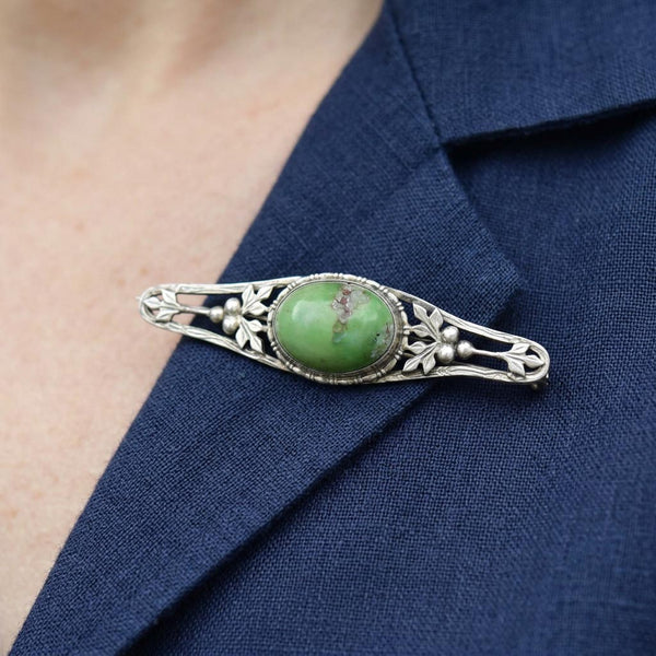 Antique Arts & Crafts Sterling Silver Natural Turquoise Brooch