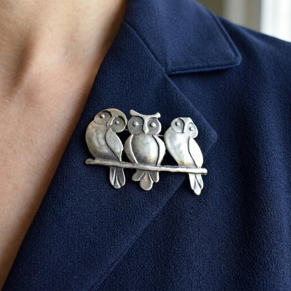 Vintage Three Wise Owls Sterling Silver Brooch