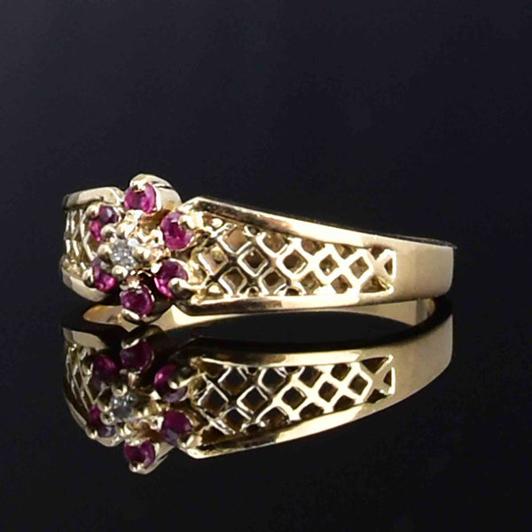 Vintage 10K Gold Basket Diamond Ruby Flower Cluster Ring - Boylerpf