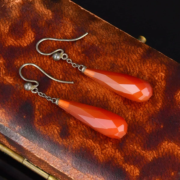 Edwardian Silver Faceted Carnelian Drop Earrings
