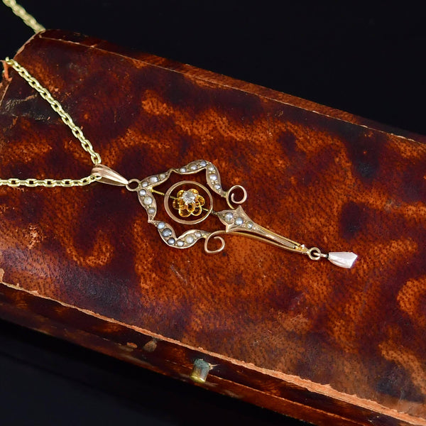 Antique 10K Gold Diamond Seed Pearl Lavalier Necklace