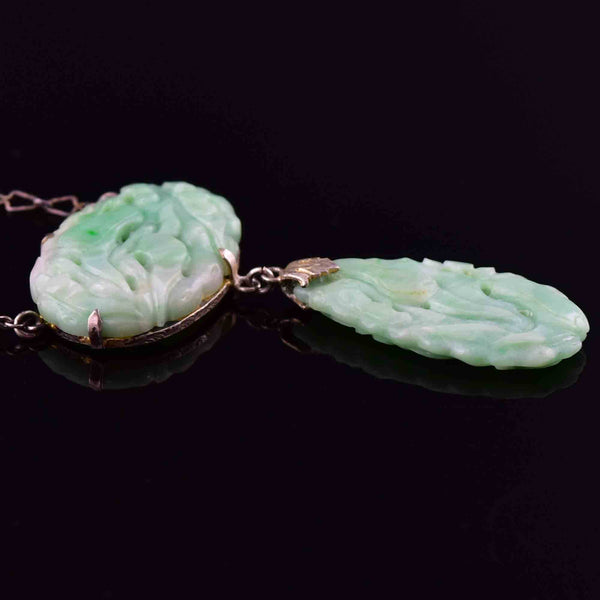 Vintage Art Deco Carved Natural Jade Pendant Necklace - Boylerpf