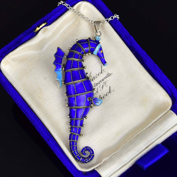 Vintage Articulated Enamel Seahorse Pendant Necklace - Boylerpf