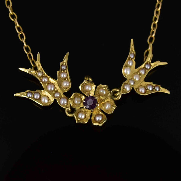 14K Gold Edwardian Amethyst Seed Pearl Swallow Bird Necklace - Boylerpf