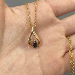 14K Gold Pear Cut Blue Sapphire Diamond Pendant Necklace - Boylerpf