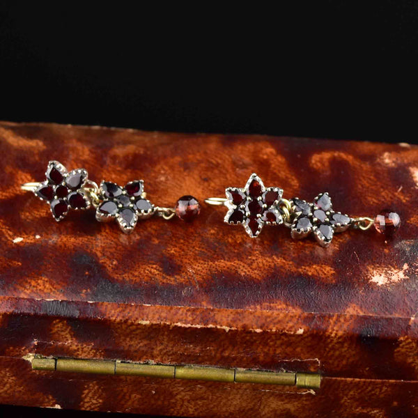 Antique Rolled Gold Garnet Star Flower Drop Earrings - Boylerpf