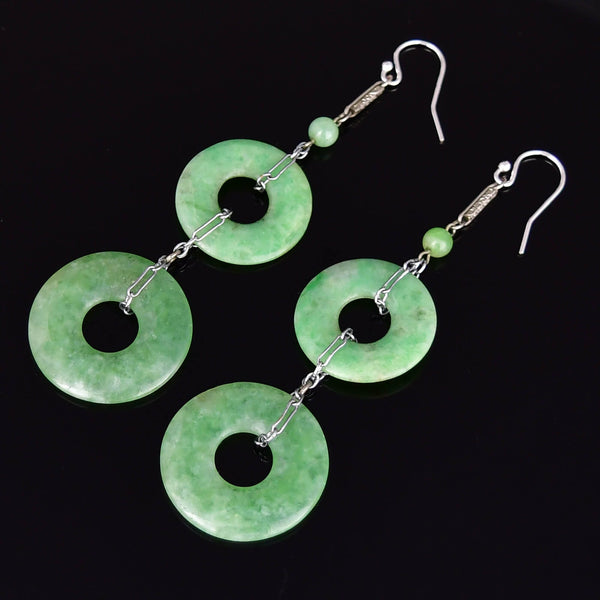 Art Deco Sterling Silver Jade Hoop Chandelier Earrings - Boylerpf
